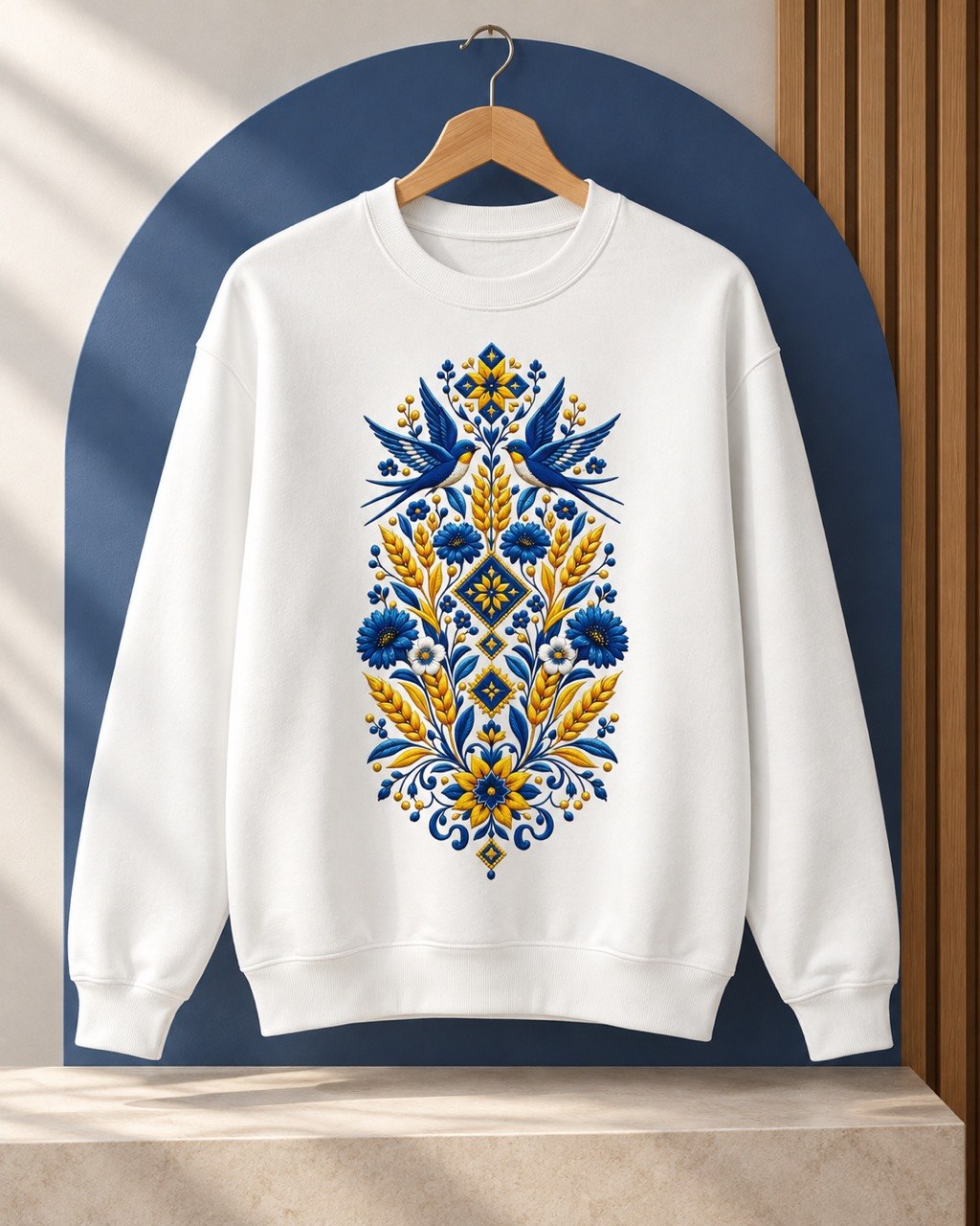 Blue and gold Ukrainian folk swallows crewneck sweatshirt
