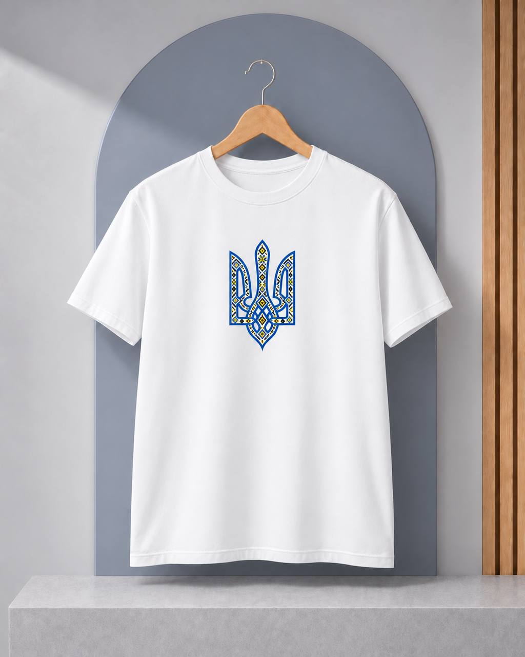 White T-shirt with blue and yellow embroidered style tryzub
