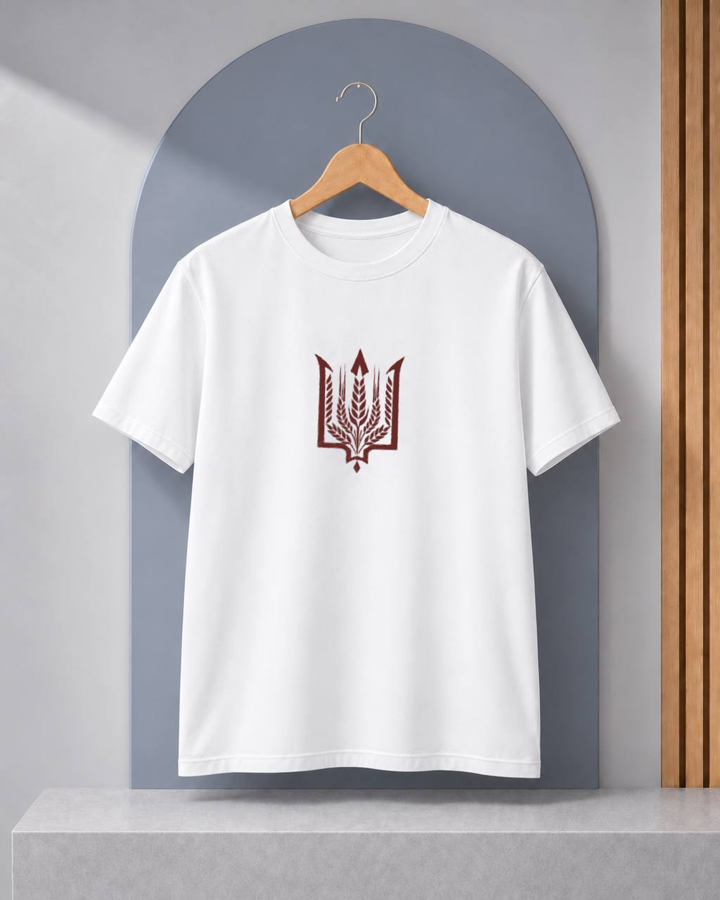 Additional white T-shirt preview of burgundy wheat-inspired Ukrainian tryzub