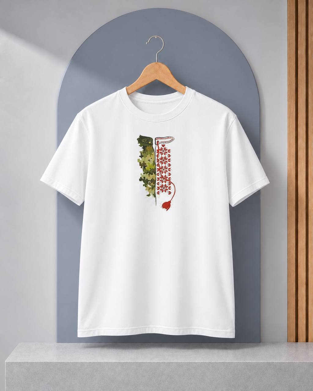 Additional white T-shirt preview featuring camouflage and Ukrainian embroidery