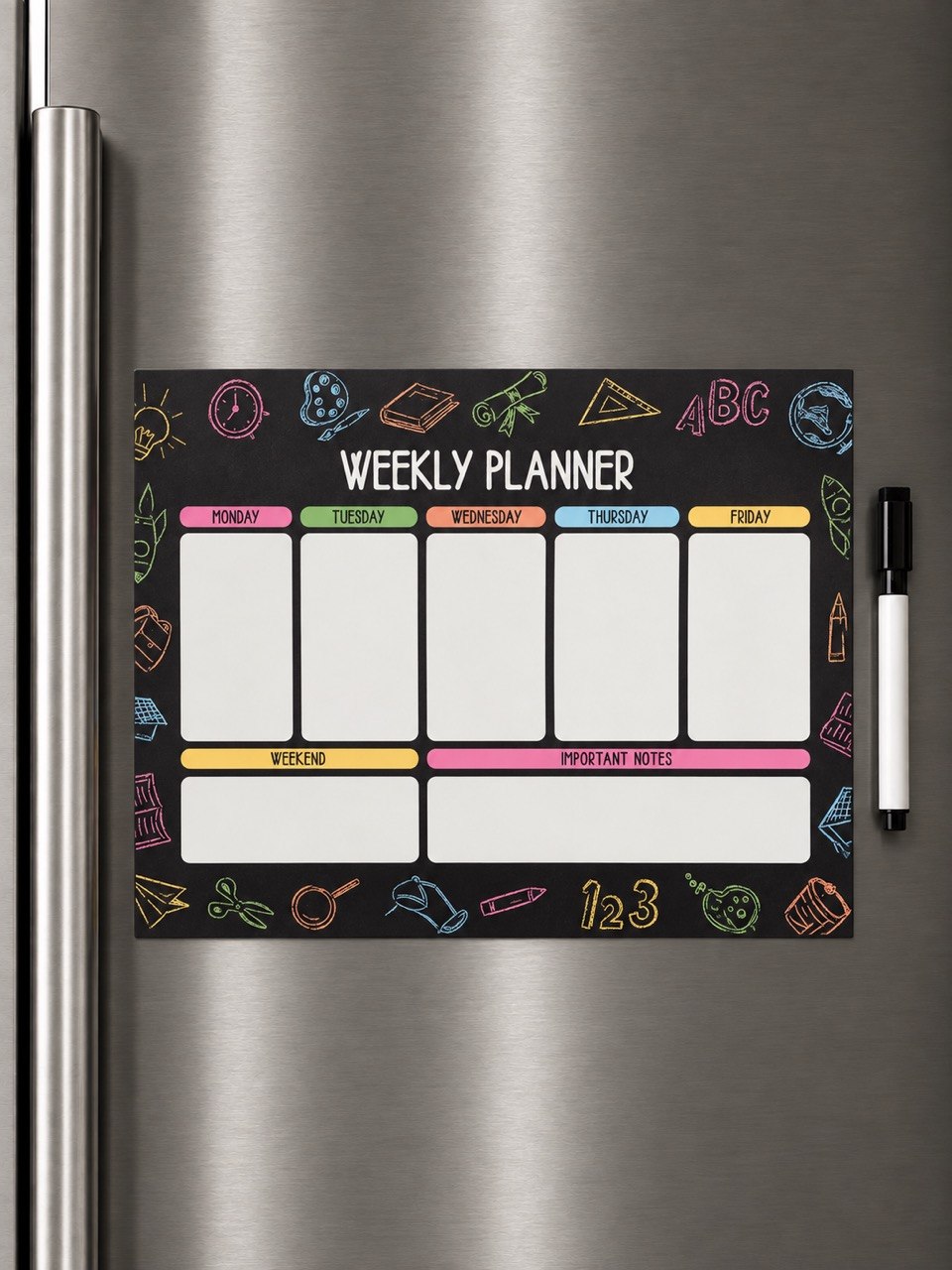 Chalkboard school magnetic weekly planner on refrigerator with marker
