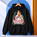 Black hoodie featuring Ukrainian woman and Chornobryvi verse