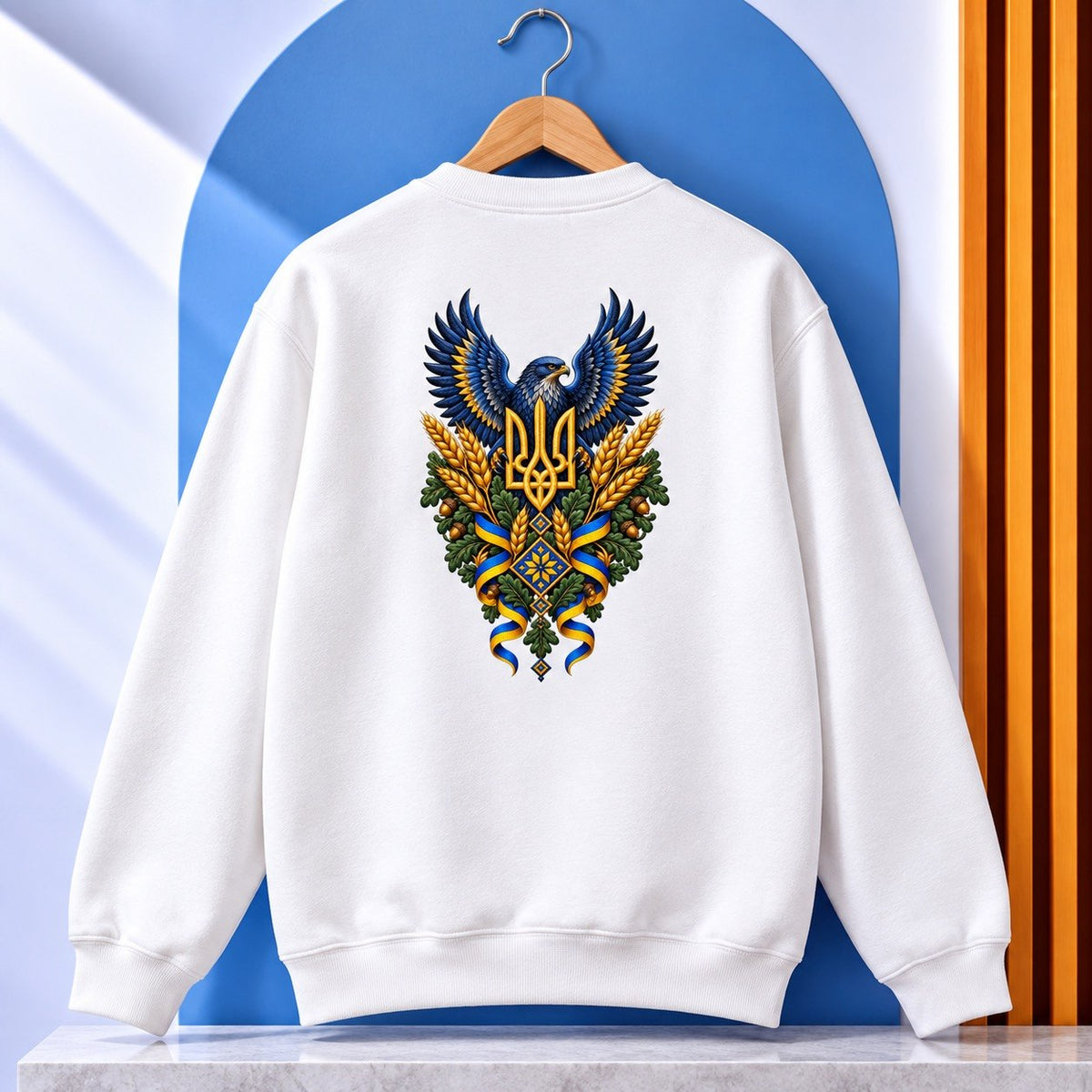 Ukrainian eagle and Tryzub crewneck sweatshirt white back