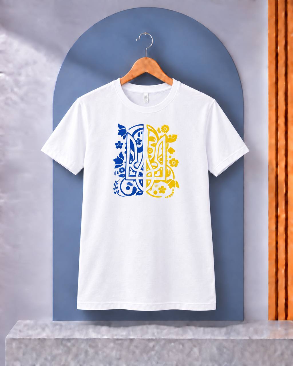 Additional white T-shirt preview of blue-and-yellow ornamental floral tryzub