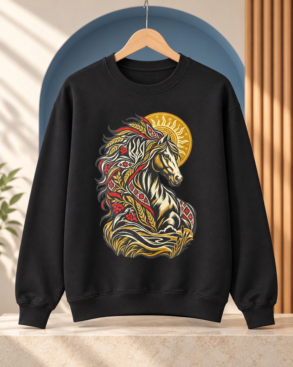 Ukrainian folk horse crewneck sweatshirt black