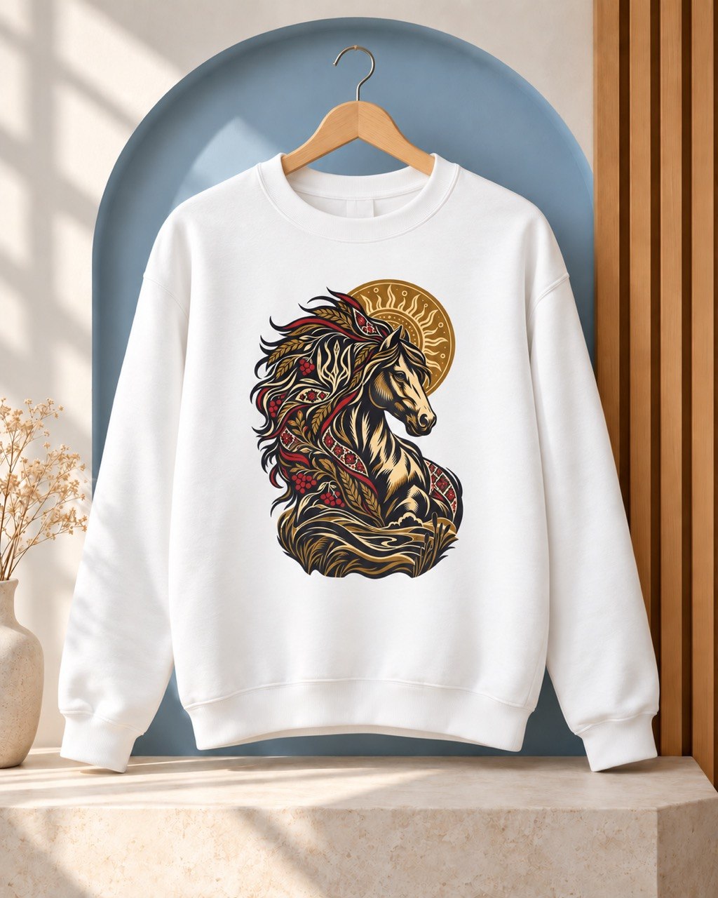 Ukrainian folk horse crewneck sweatshirt white