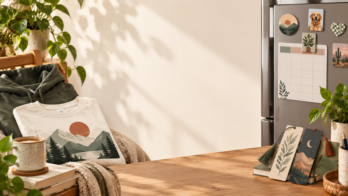 PrimeLine Media graphic tee and hoodie with magnetic planner, fridge magnets and bookmarks in a warm home setting