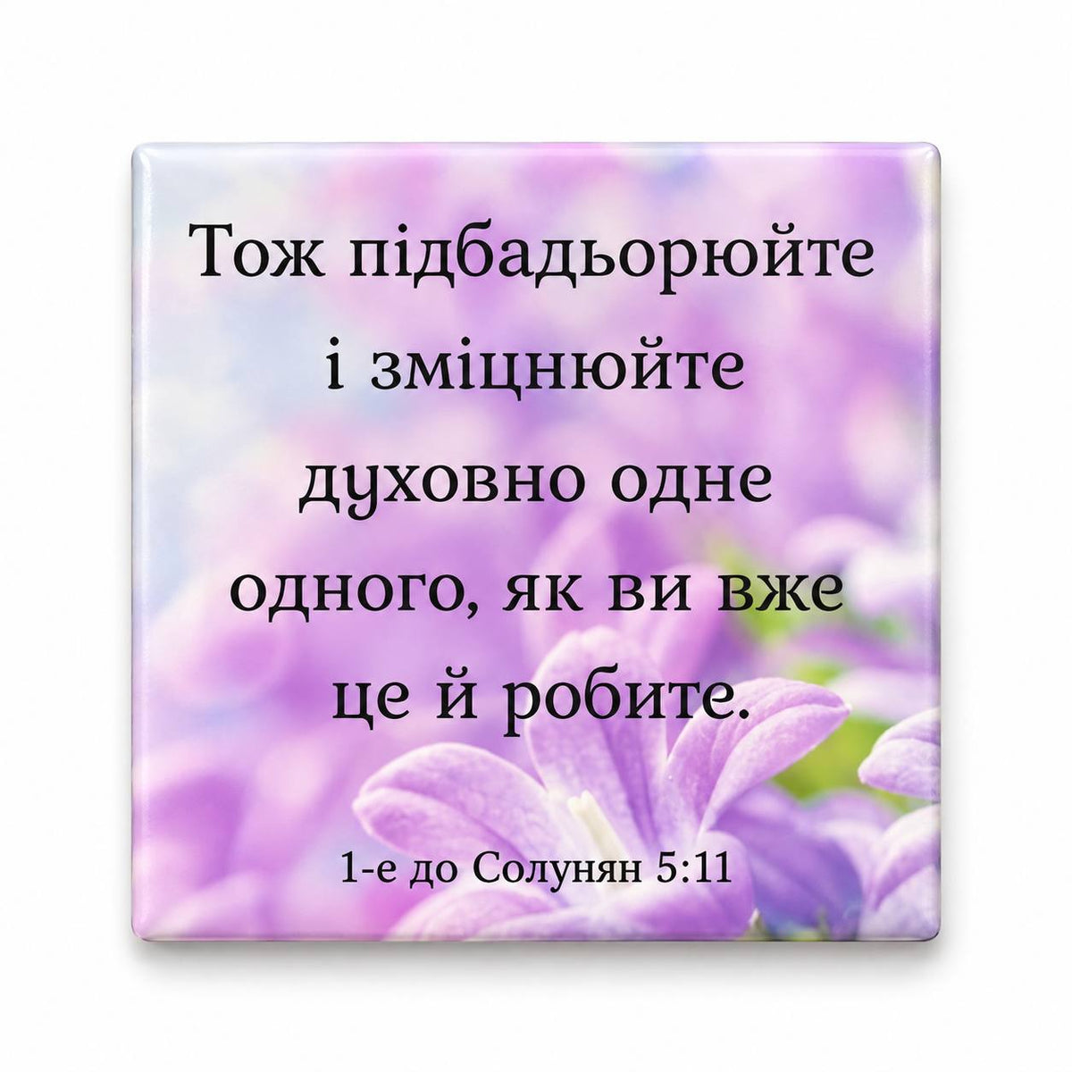 Ukrainian Bible verse 1 Thessalonians 5:11 over purple lilac flowers