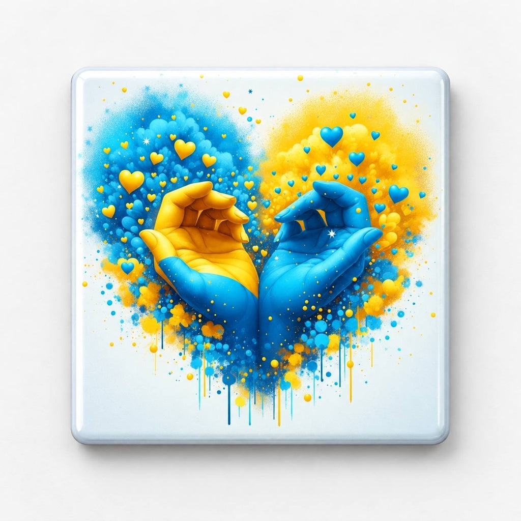 Alternative mockup of blue and yellow open hands with colorful paint and tiny hearts on white fridge magnet