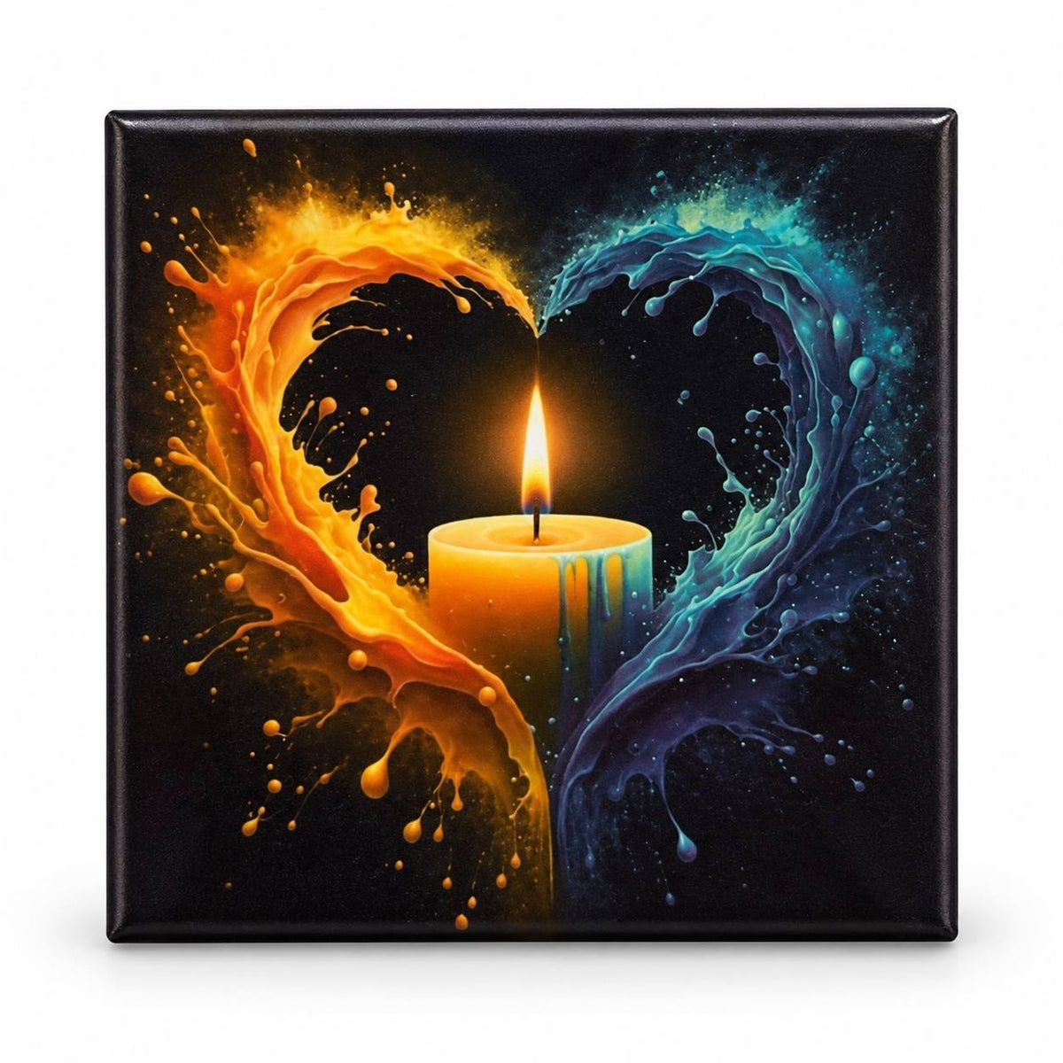 Candle framed by swirling orange fire and turquoise water in a heart shape on black