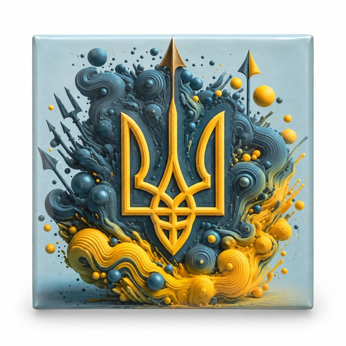 Light blue square magnet with golden Ukrainian tryzub against abstract blue yellow waves