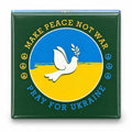 Green fridge magnet with Make Peace Not War Pray for Ukraine text and white dove over blue yellow flag