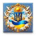 Ornate blue gold magnet with Ukrainian trident and white doves, sunrise and floral wreath