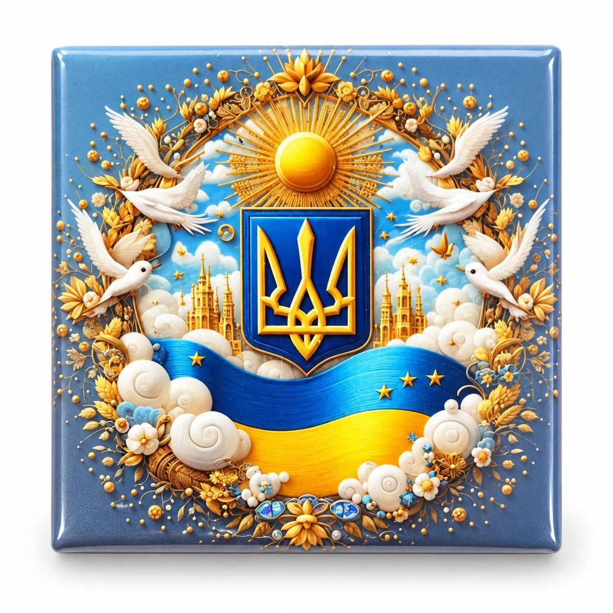Ornate blue gold magnet with Ukrainian trident and white doves, sunrise and floral wreath