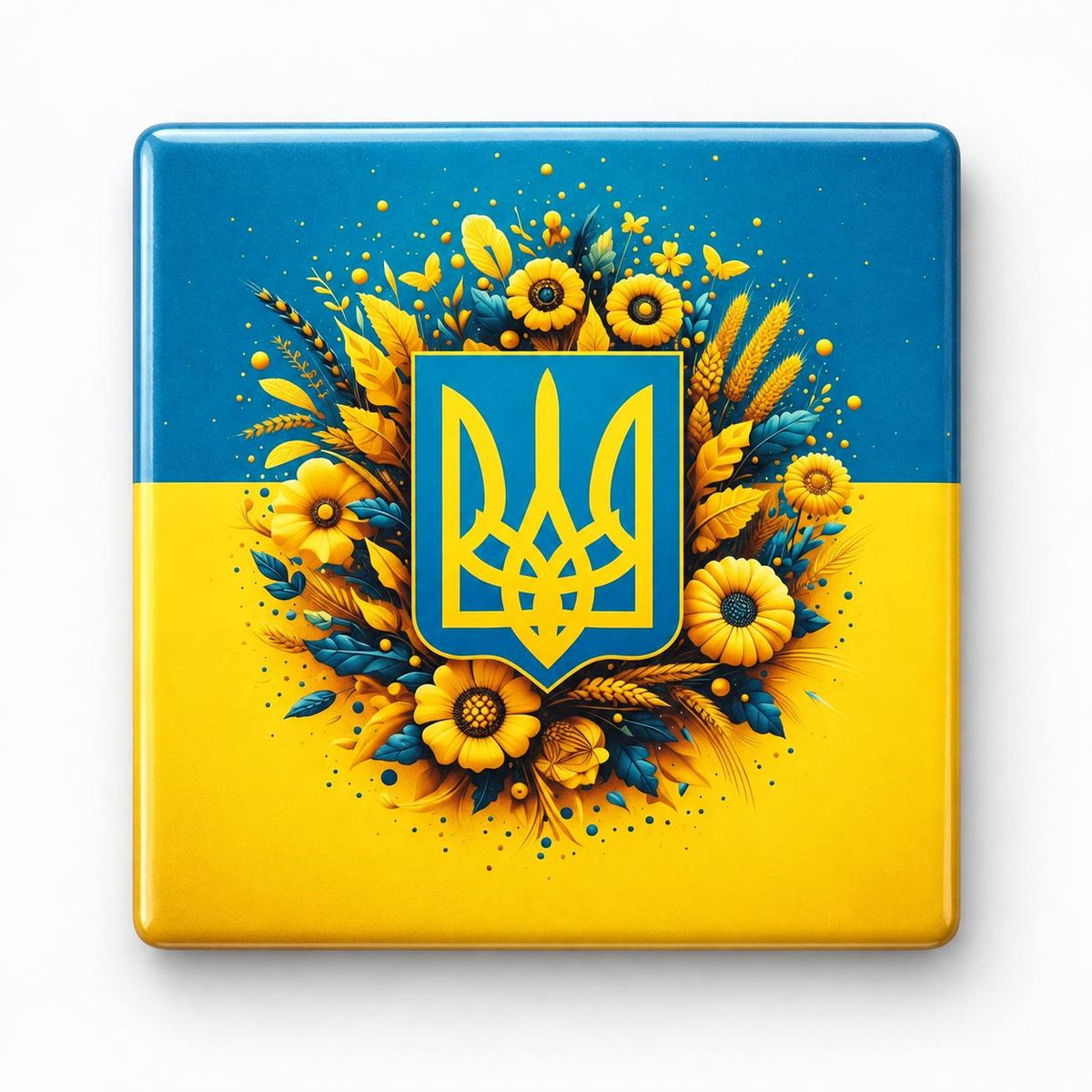 Golden Ukrainian tryzub on blue yellow flag with yellow sunflower flowers