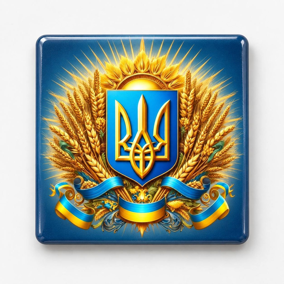 Golden Ukrainian trident with golden wheat wreath and blue yellow ribbons