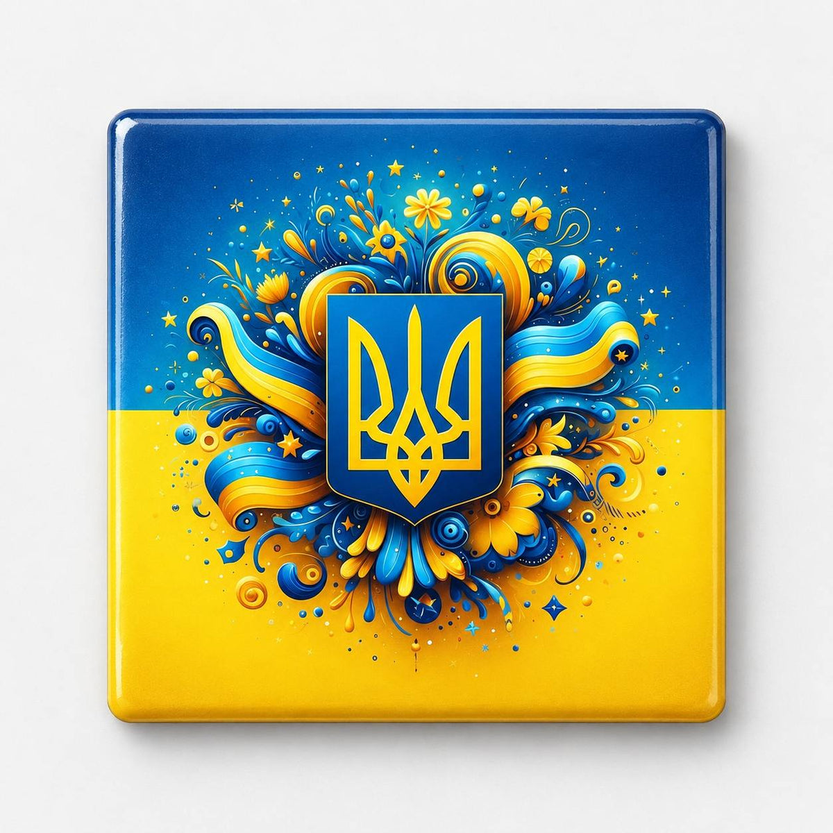 Golden Ukrainian trident surrounded by blue yellow ornamental swirls on flag background