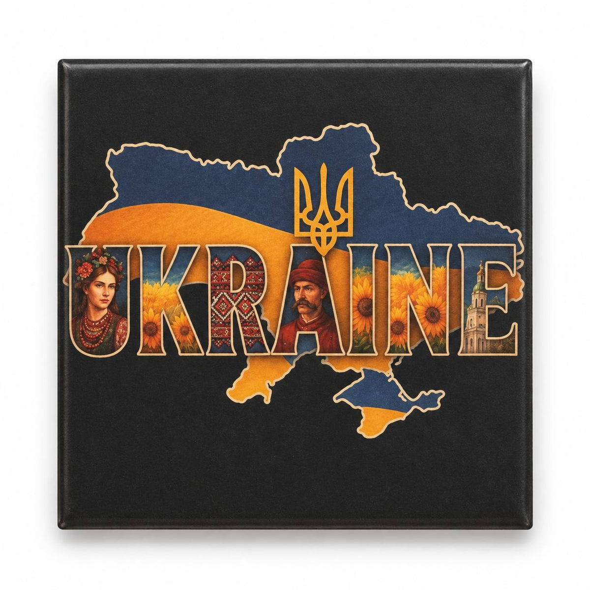 Black fridge magnet featuring UKRAINE collage wordmark on blue and gold map with cultural portraits, embroidery and sunflowers