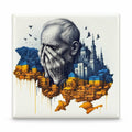 Fridge magnet with elderly man holding his face in his hands, Ukrainian cityscape and map in blue and yellow