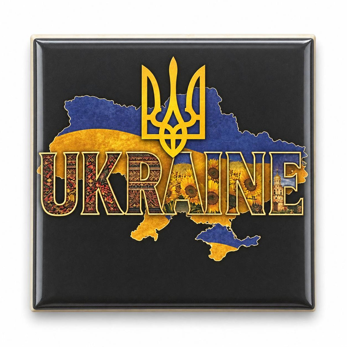Black background UKRAINE embroidery map fridge magnet with gold trident