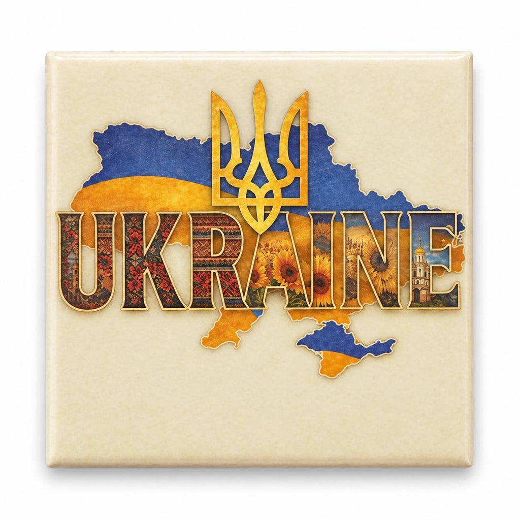 Cream background UKRAINE embroidery map fridge magnet with gold trident