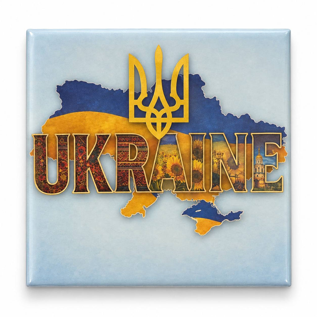 Light blue background UKRAINE embroidery map fridge magnet with gold trident