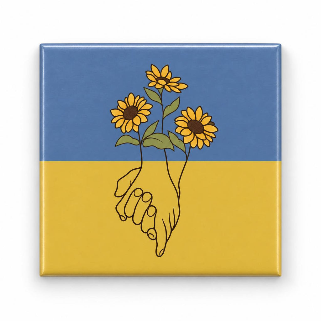 Blue yellow flag fridge magnet with three sunflowers growing from hands holding together