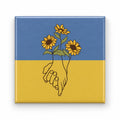 Blue yellow flag fridge magnet with three sunflowers growing from hands holding together