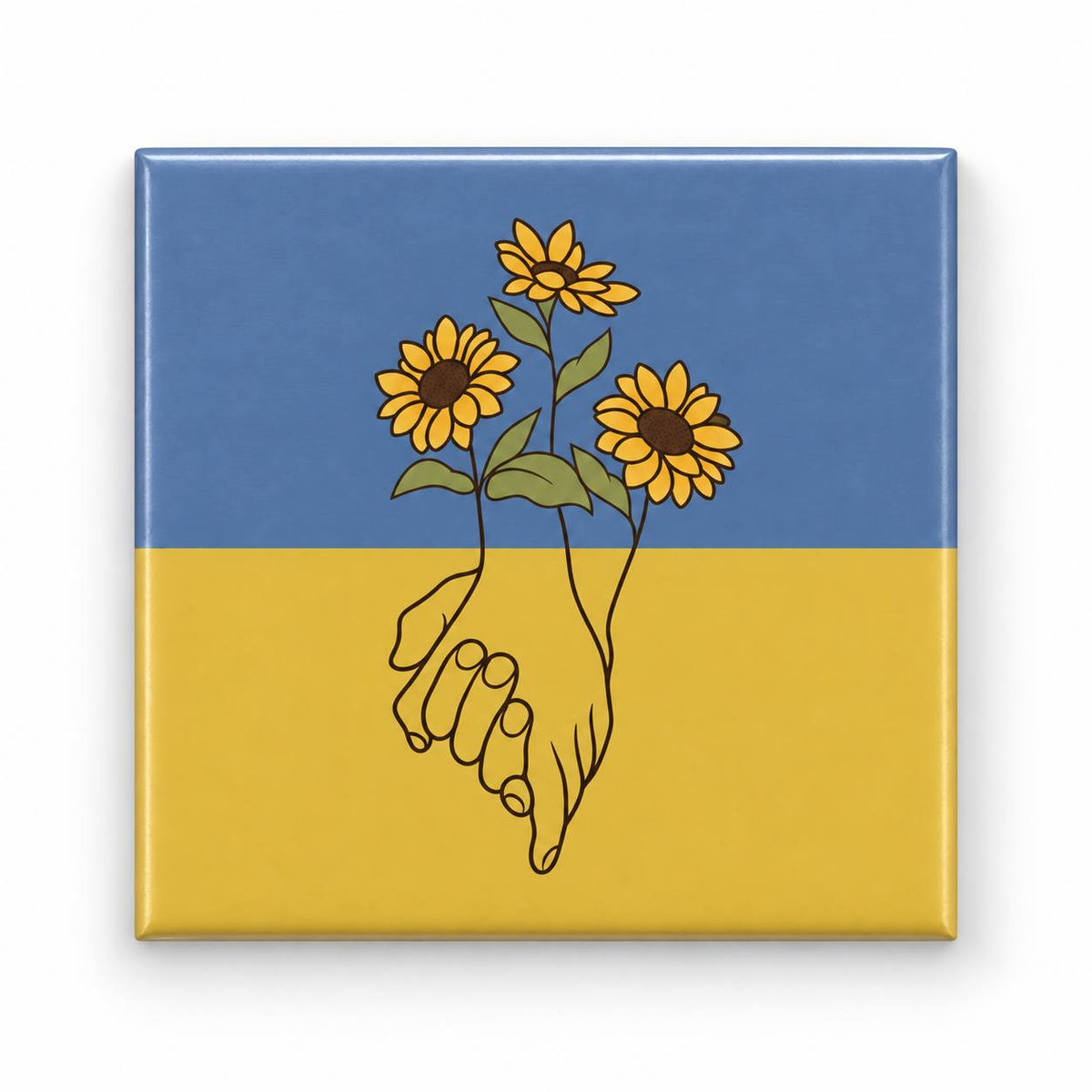Blue yellow flag fridge magnet with three sunflowers growing from hands holding together