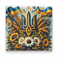 Square fridge magnet with ornate blue gold Ukrainian tryzub, wheat and sunflower bouquet