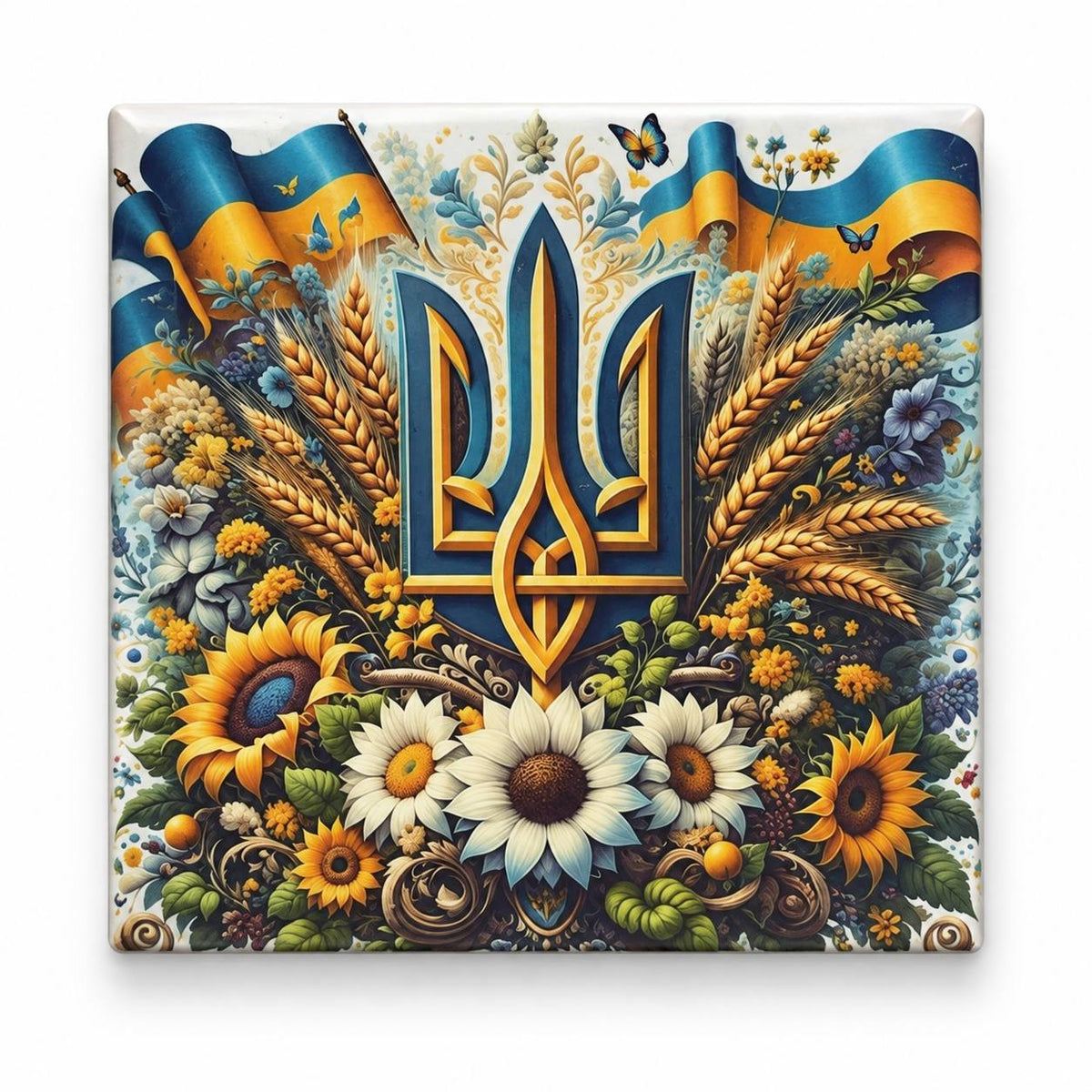 Square fridge magnet with ornate blue gold Ukrainian tryzub, wheat and sunflower bouquet