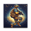 Square Ukrainian soldier pixel-art magnet with floral patterns and blue yellow trident on dark background