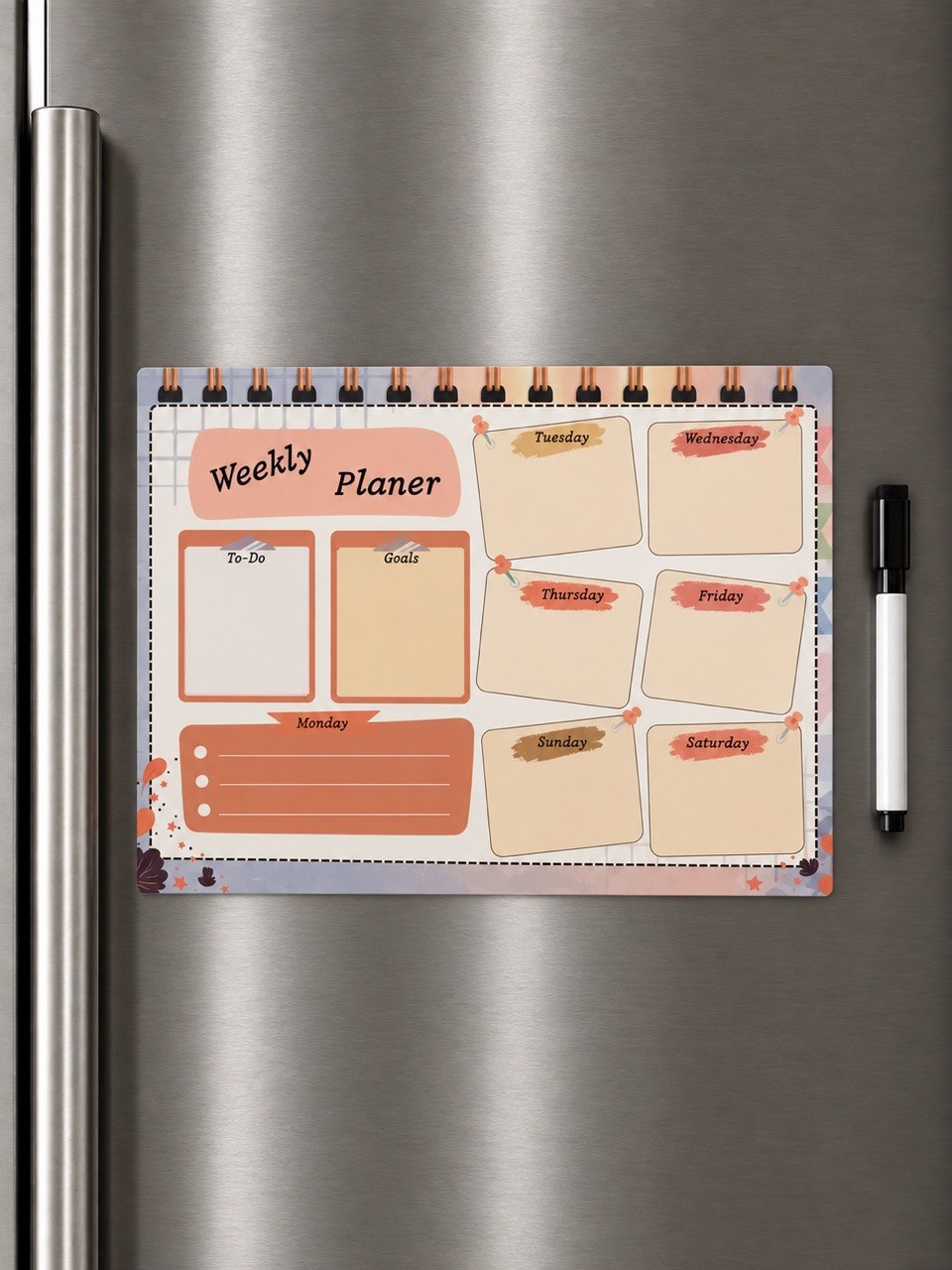 Peach and coral magnetic weekly planner on refrigerator with marker