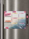 Pink floral magnetic weekly planner on refrigerator with pink marker