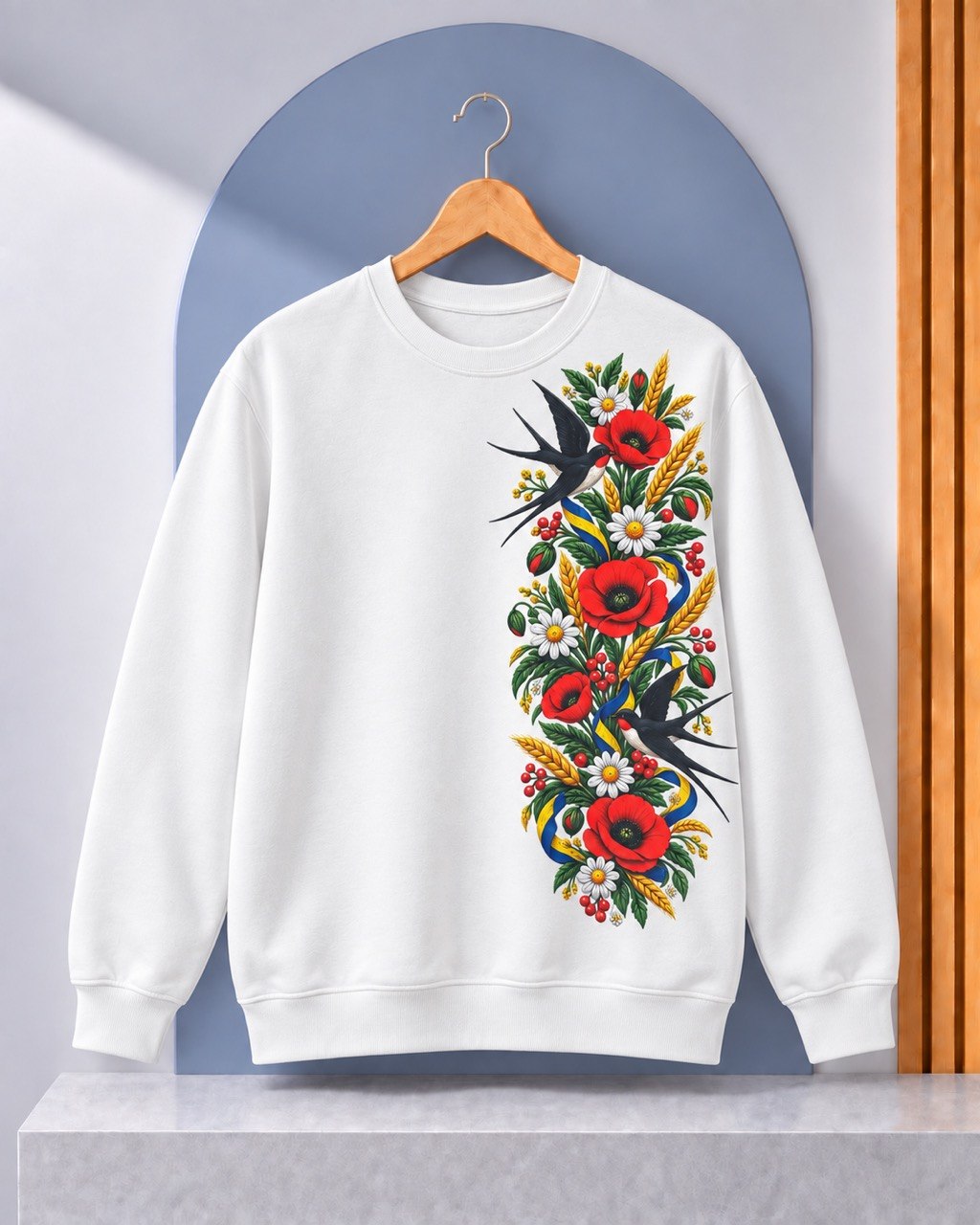 Ukrainian poppies and swallows side print crewneck sweatshirt
