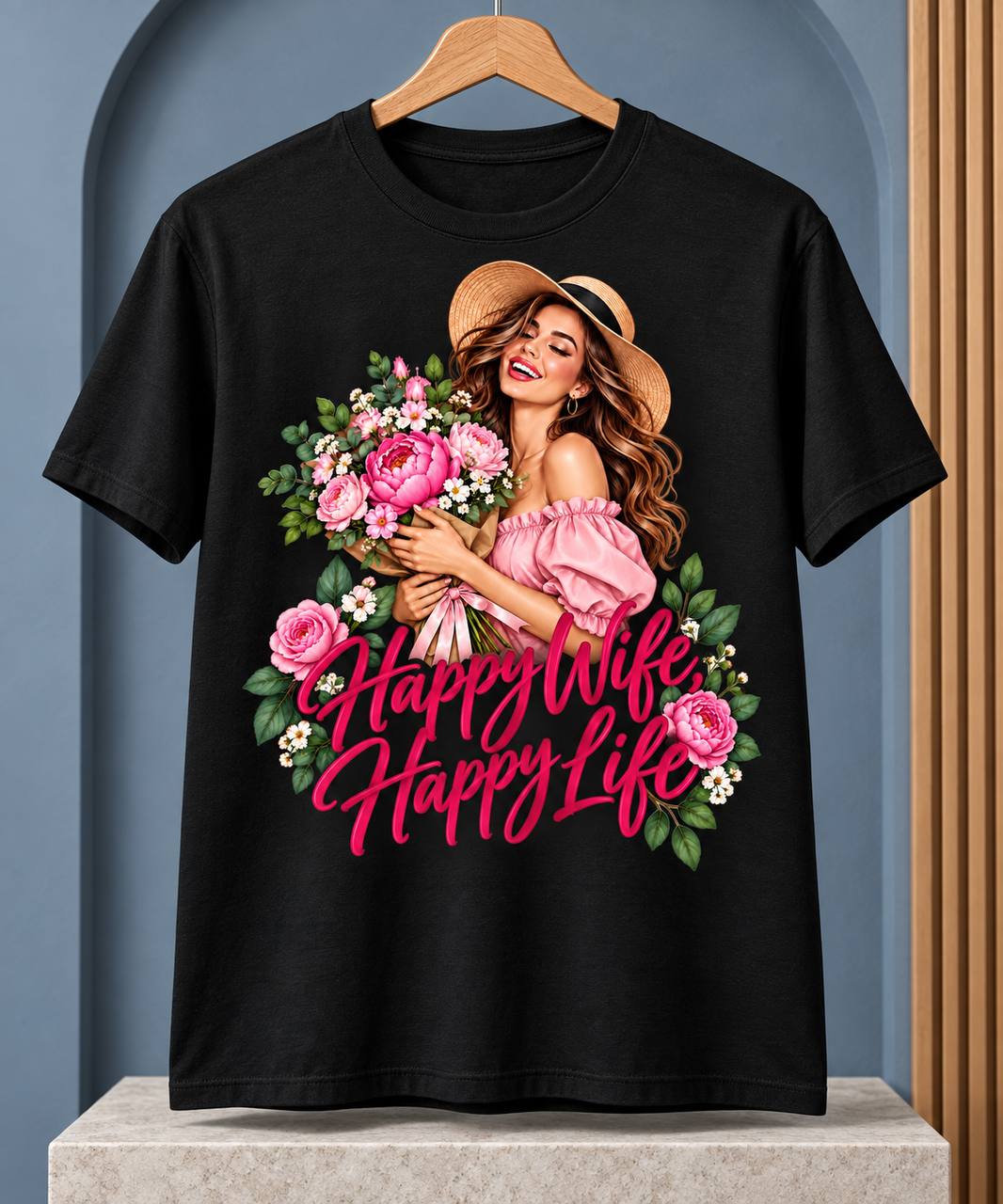Happy Wife, Happy Life T-Shirt — Floral Graphic — Black preview