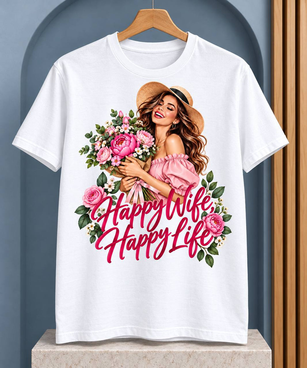 Happy Wife, Happy Life T-Shirt — Floral Graphic — White preview