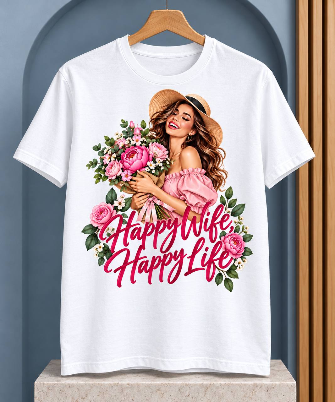 Happy Wife, Happy Life T-Shirt — Floral Graphic — White preview