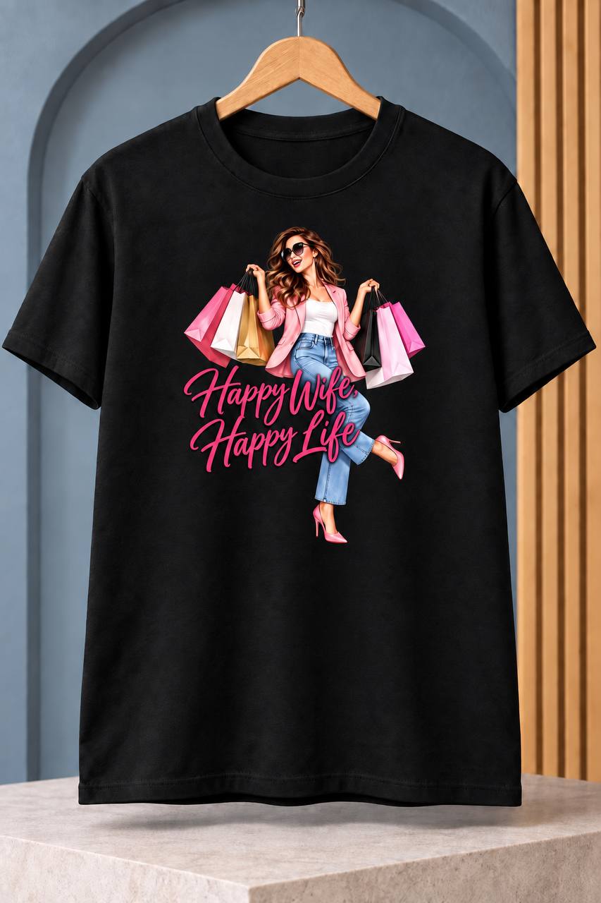 Happy Wife, Happy Life T-Shirt — Shopping Graphic — Black preview
