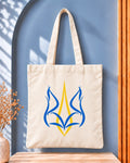 Modern blue and yellow Ukrainian Tryzub tote bag