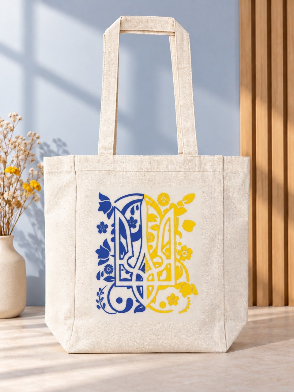 Blue and yellow floral Tryzub tote bag
