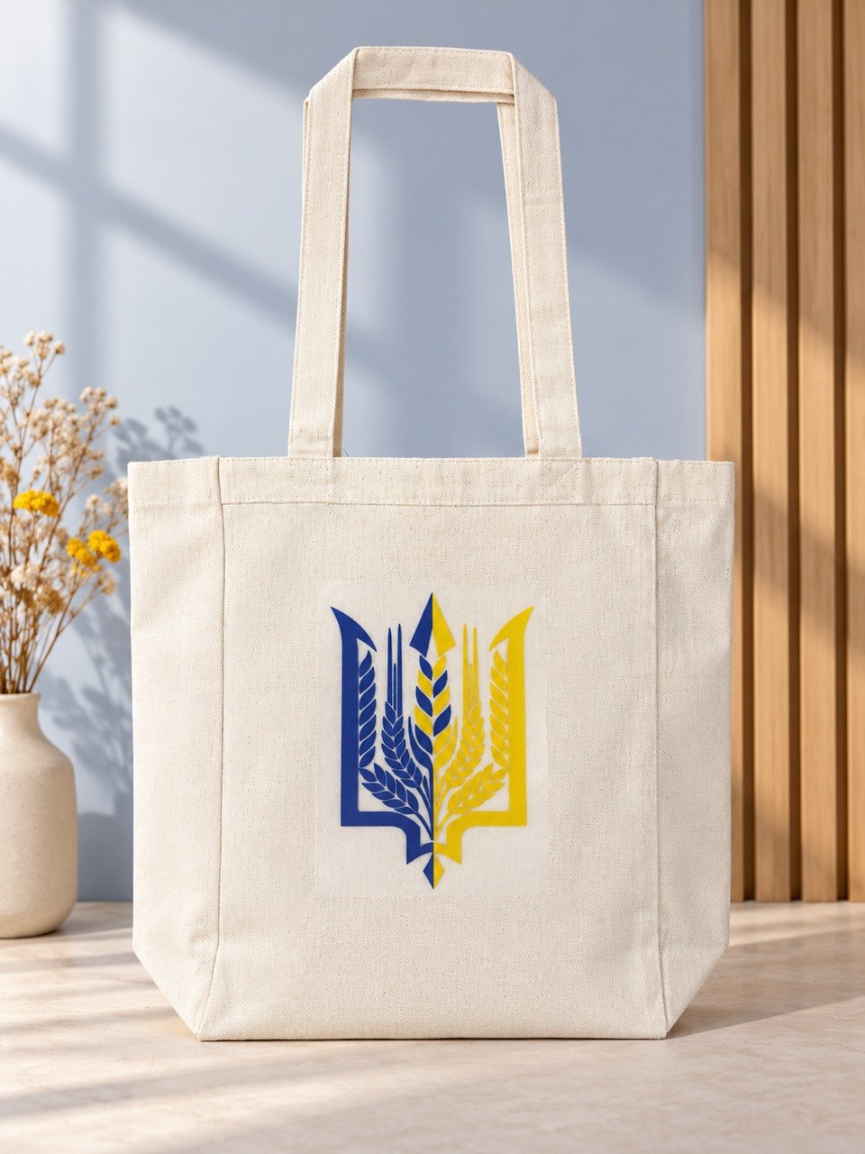 Blue and yellow wheat Tryzub natural tote bag