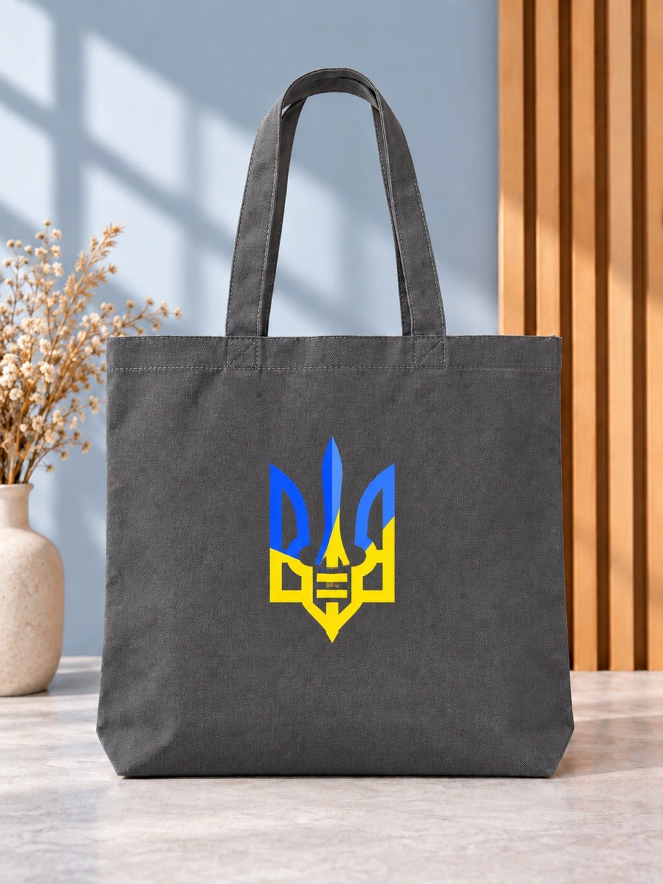 Geometric blue and yellow Tryzub charcoal tote bag