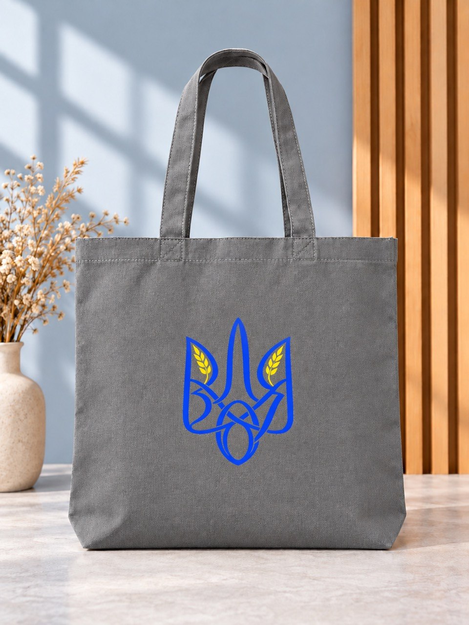 Knotwork blue and yellow Tryzub charcoal tote bag