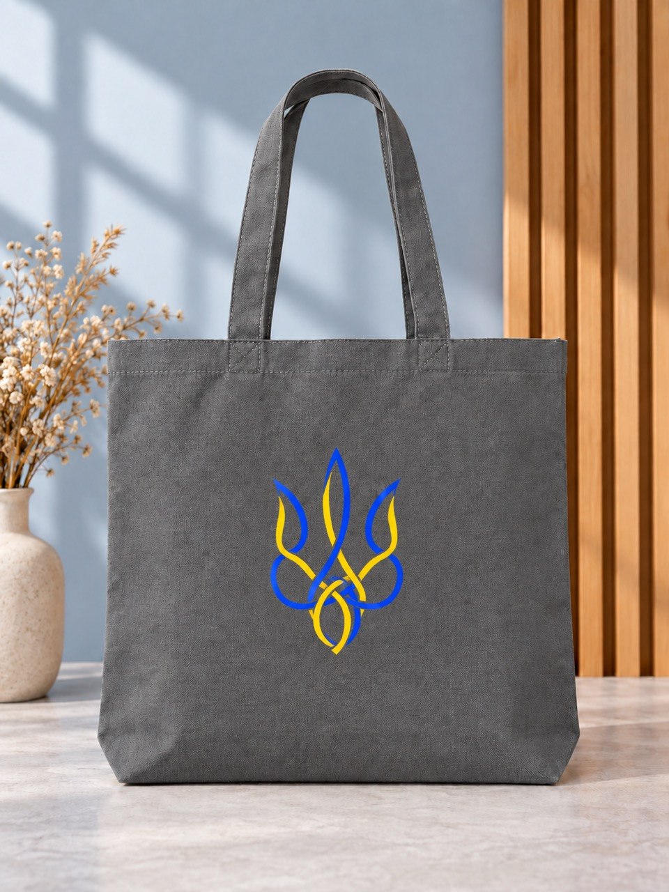 Minimal line blue and yellow Tryzub charcoal tote bag