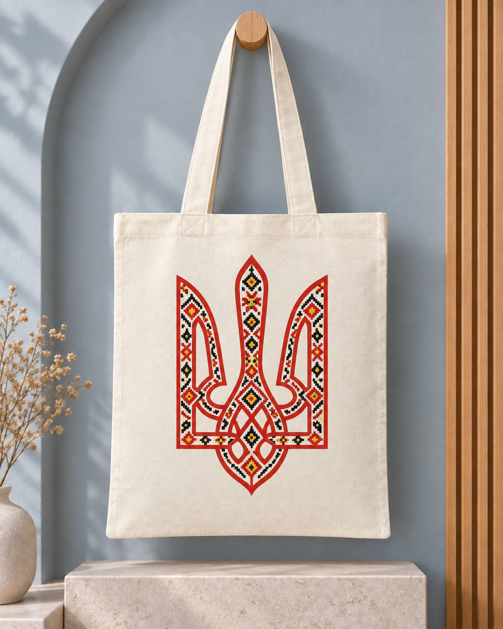 Natural-color tote bag with embroidered-look colorful Ukrainian trident