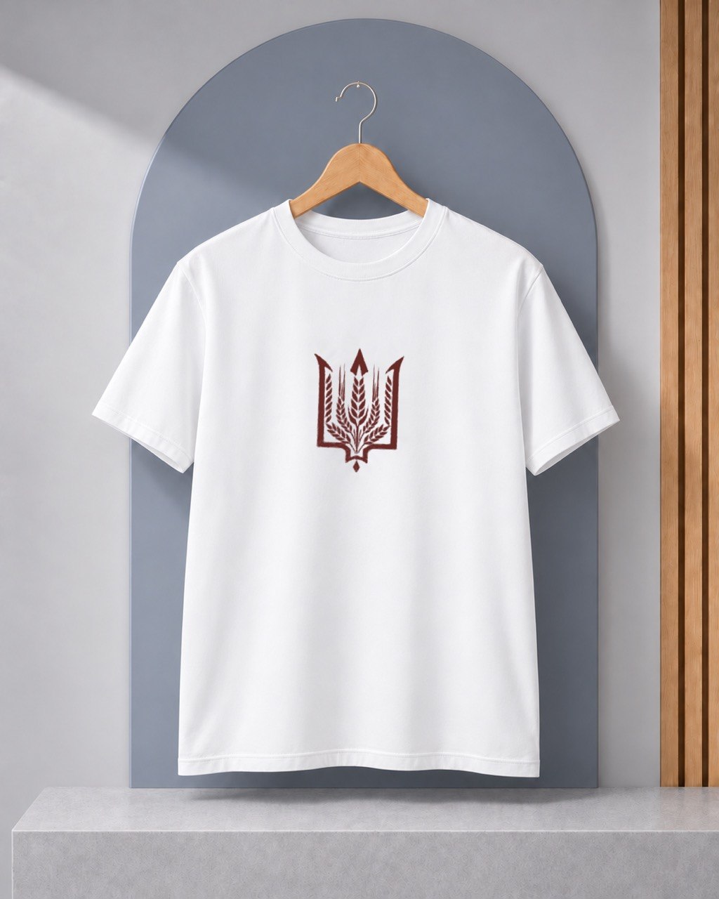 White T-shirt with burgundy wheat-style Ukrainian trident
