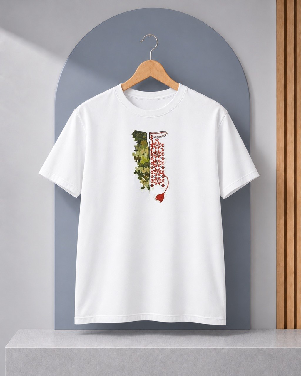 White T-shirt with camouflage and Ukrainian embroidery inspired graphic